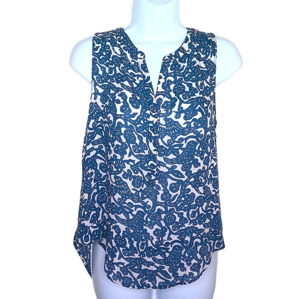 Lucky Brand Sleeveless Top Batik Blue Floral Boho Blouse Back Cut Out EUC Sz S